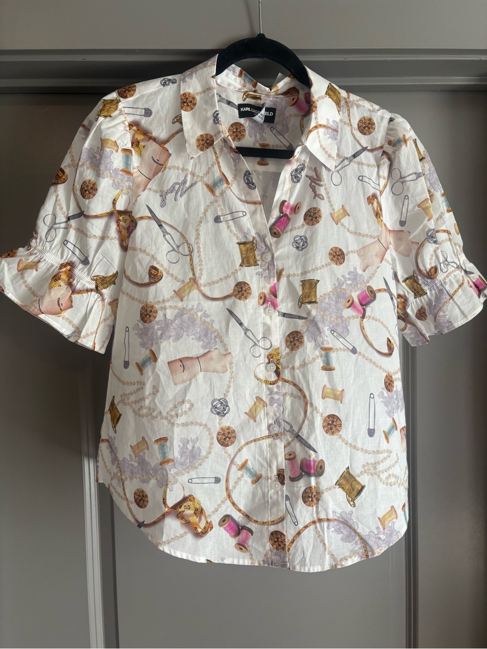 Karl Lagerfeld White Sewing Motif Short Sleeve Shirt NWT